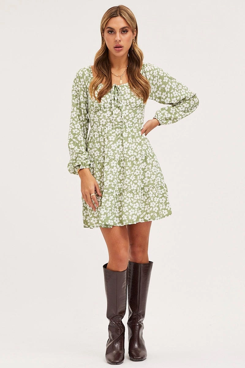 Print Mini Dress Long Sleeve Square Neck