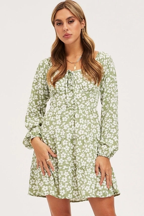 Print Mini Dress Long Sleeve Square Neck