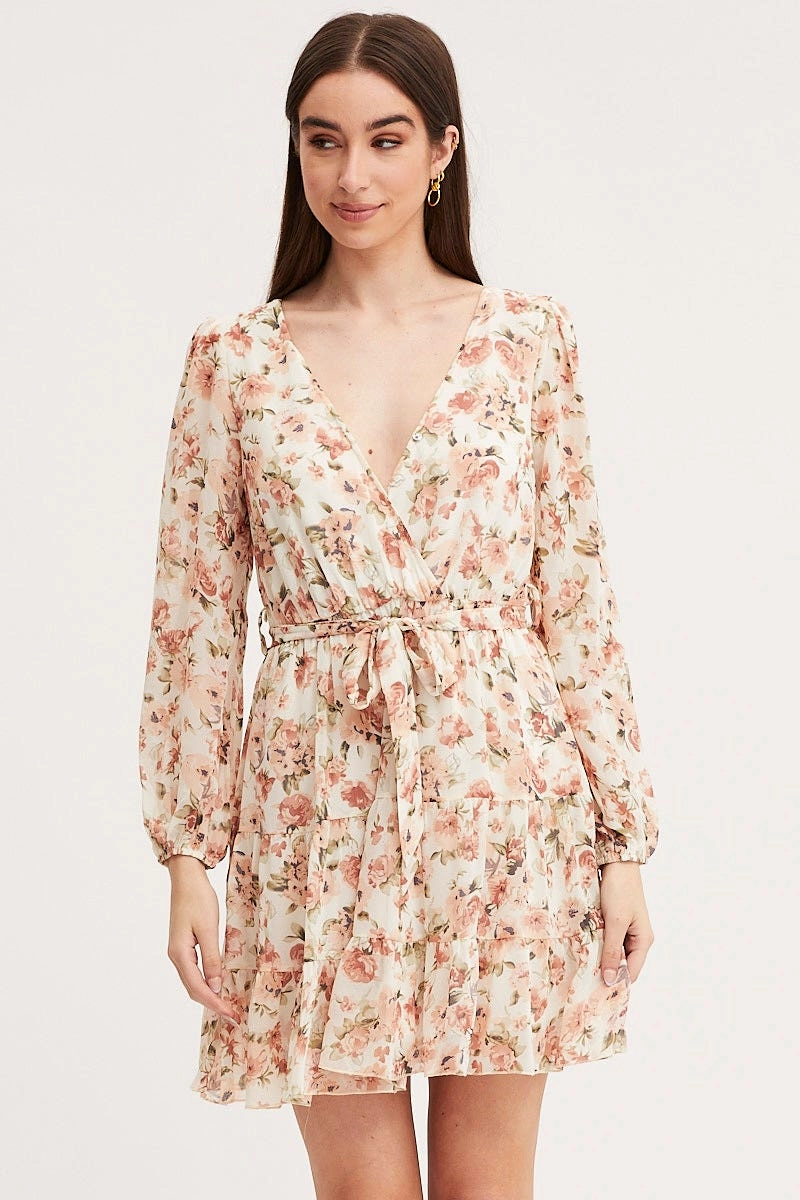 Print Mini Dress Long Sleeve V Neck