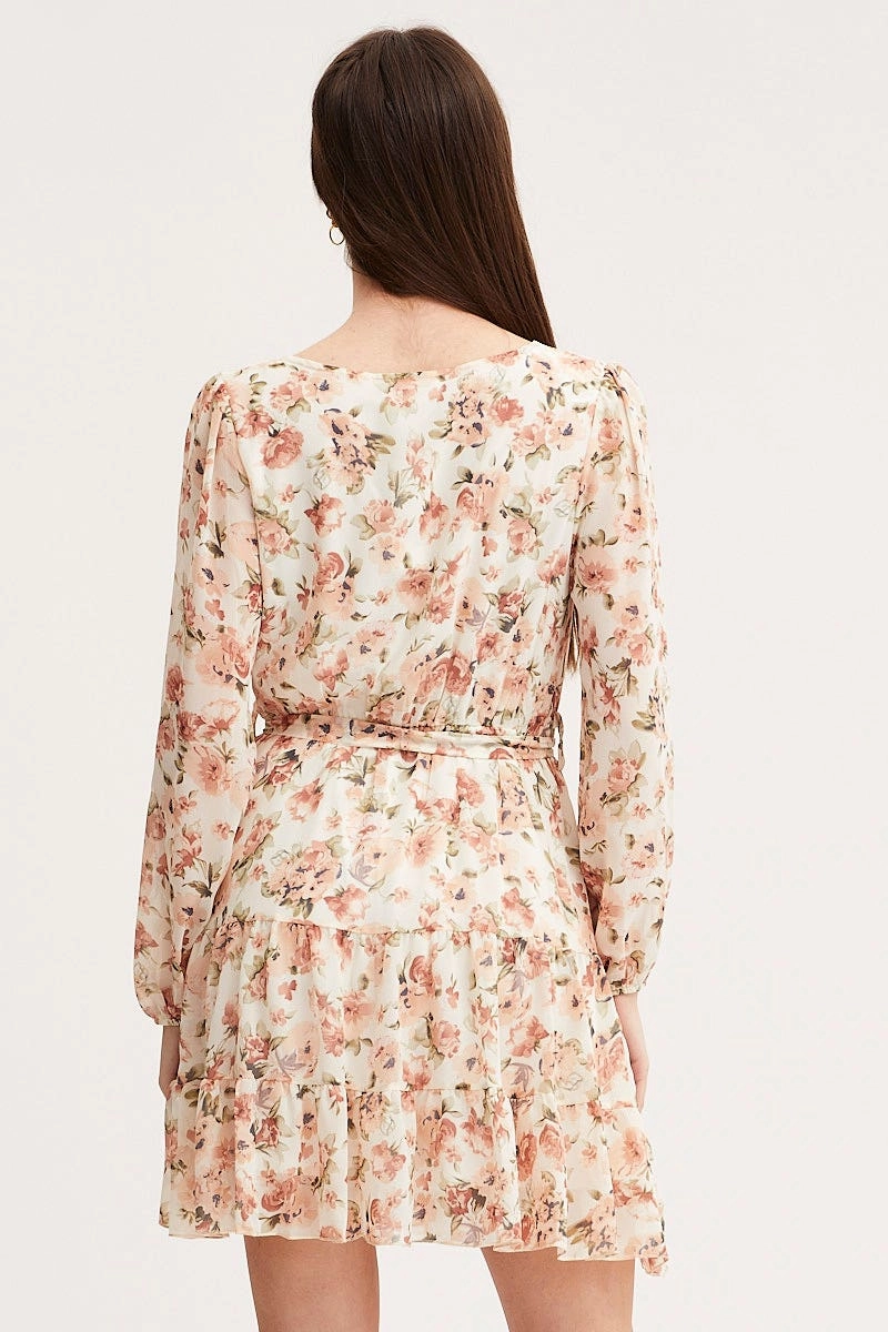 Print Mini Dress Long Sleeve V Neck