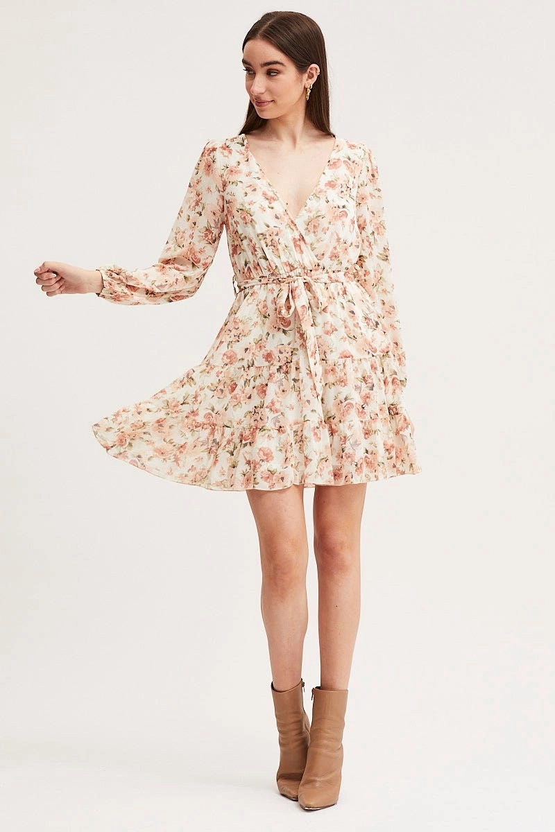 Print Mini Dress Long Sleeve V Neck