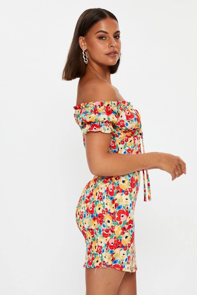 Print Off Shoulder Bustier Mini Dress