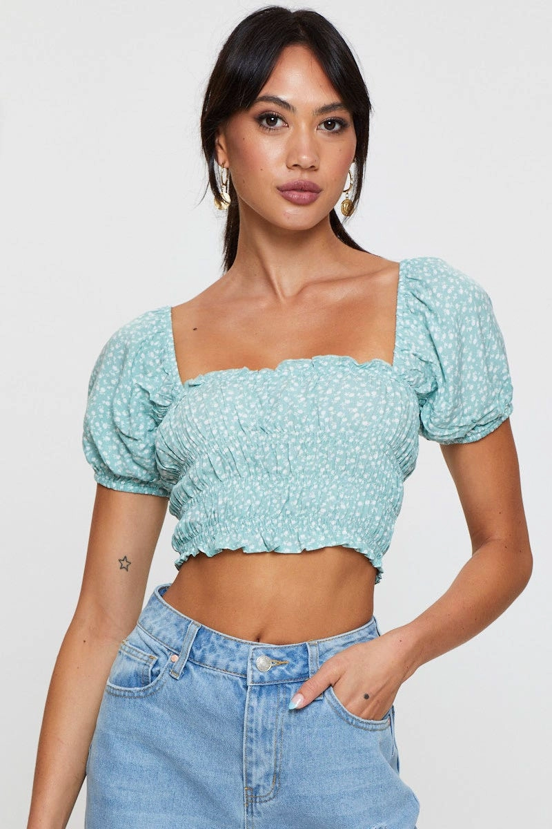 Print Peplum Top Short Sleeve Crop