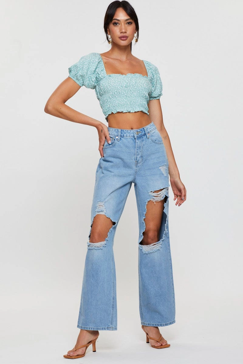 Print Peplum Top Short Sleeve Crop