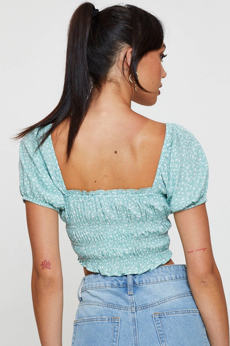 Print Peplum Top Short Sleeve Crop