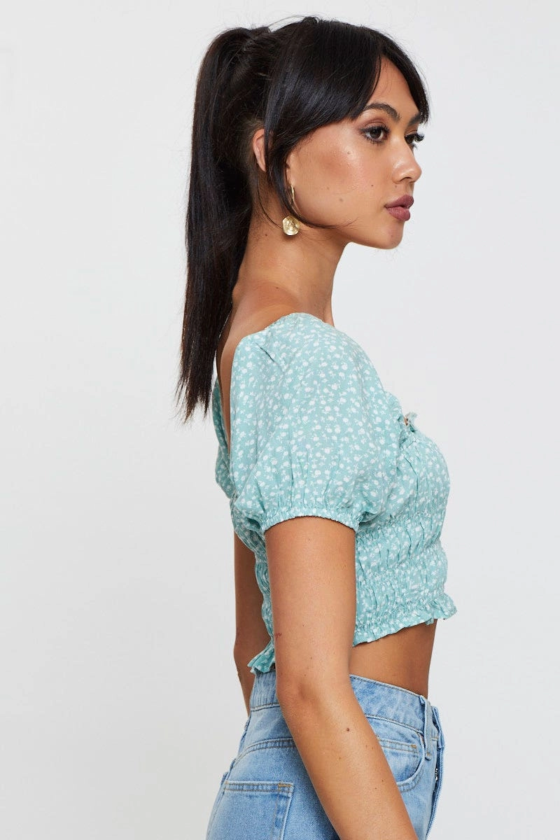 Print Peplum Top Short Sleeve Crop