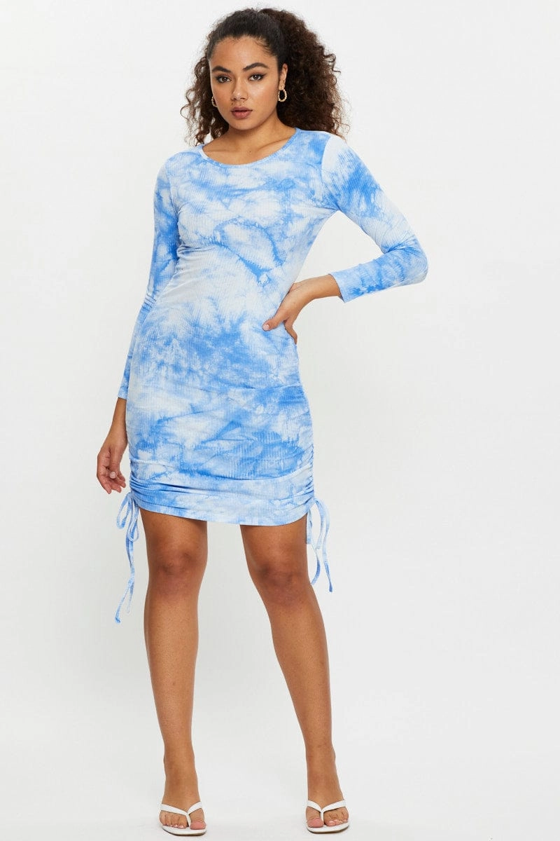 Print Tie Dye Ruched Drawstring Dress