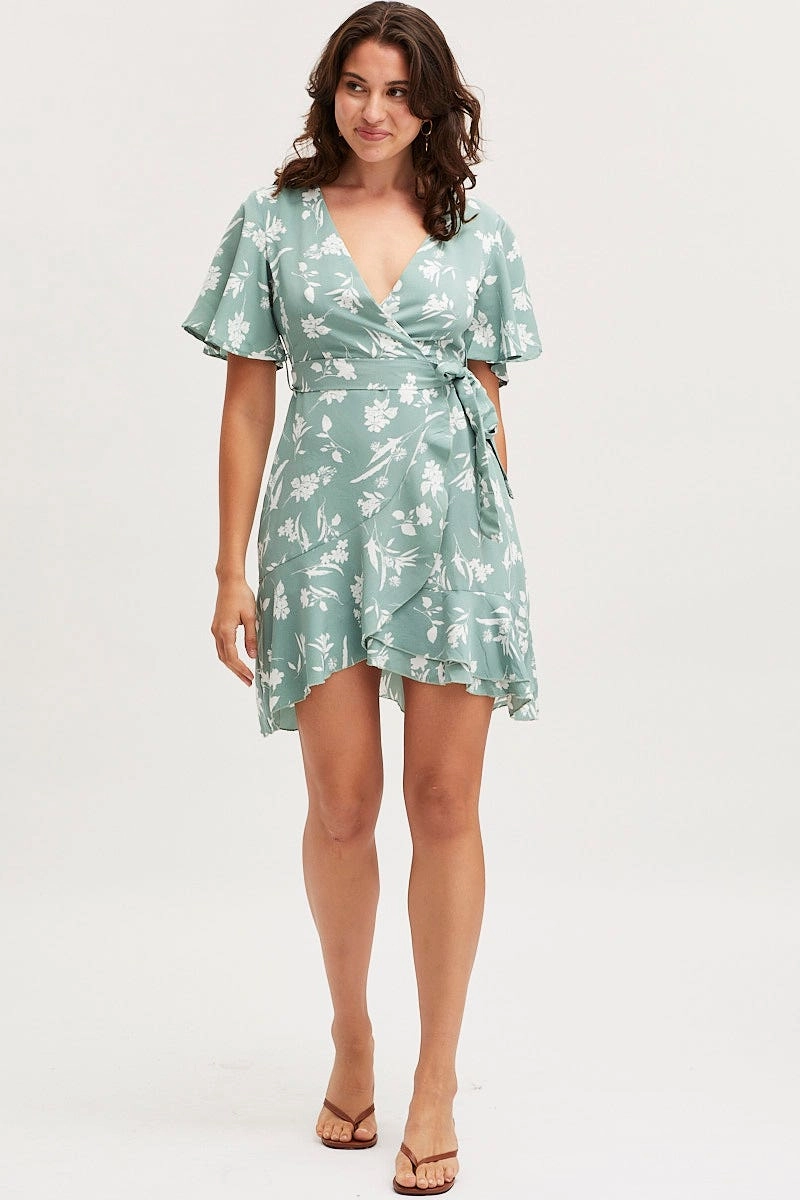 Print Wrap Dress Short Sleeve Mini Ruffle