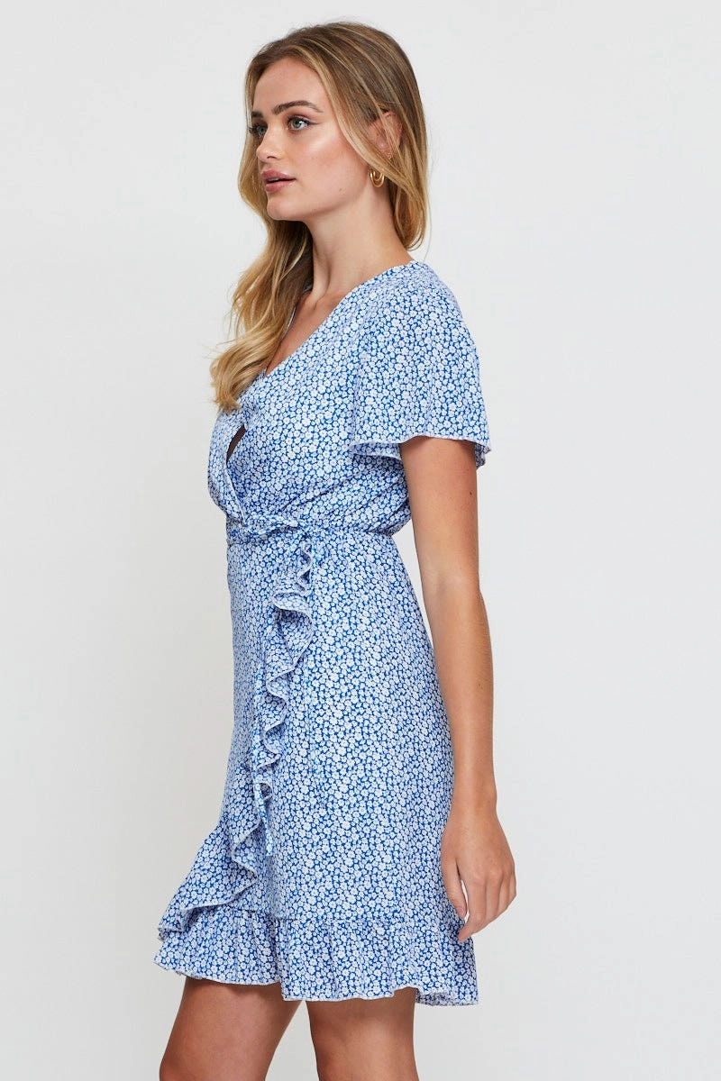 Print Wrap Dress Short Sleeve V Neck