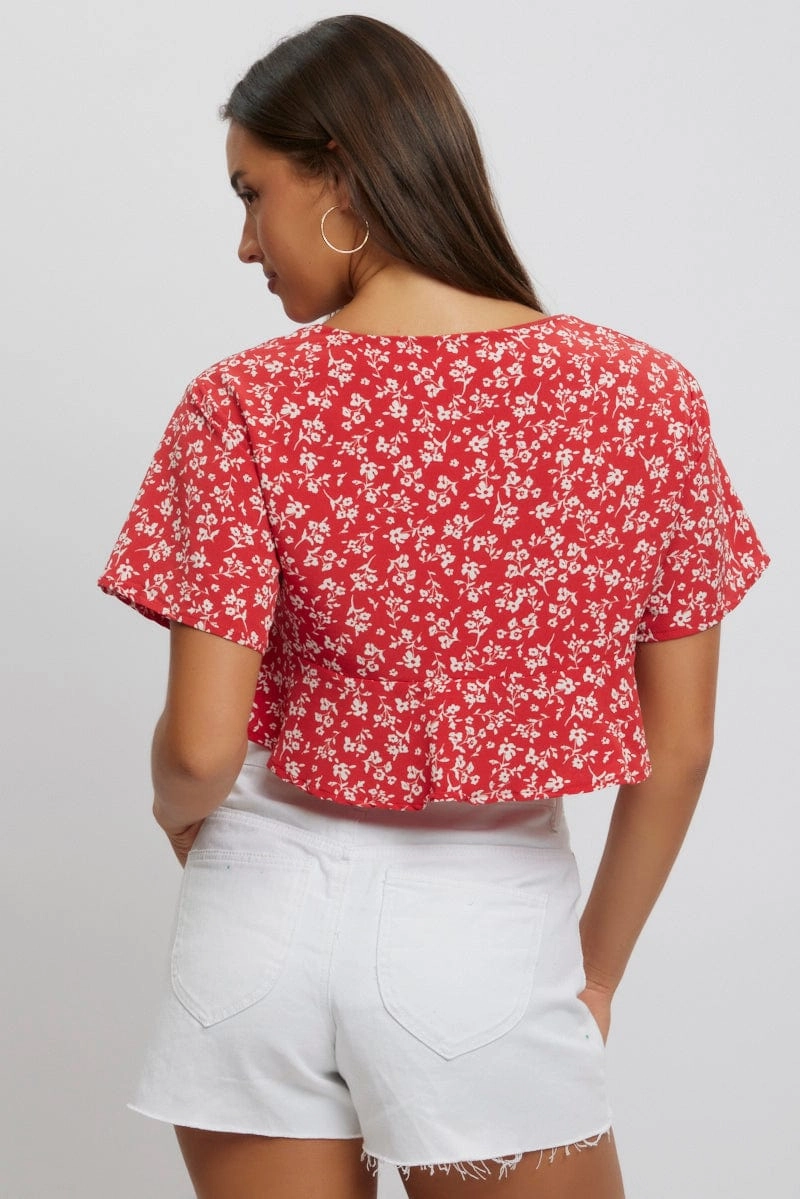 Red Ditsy Tie Up Top Short Sleeve Crop