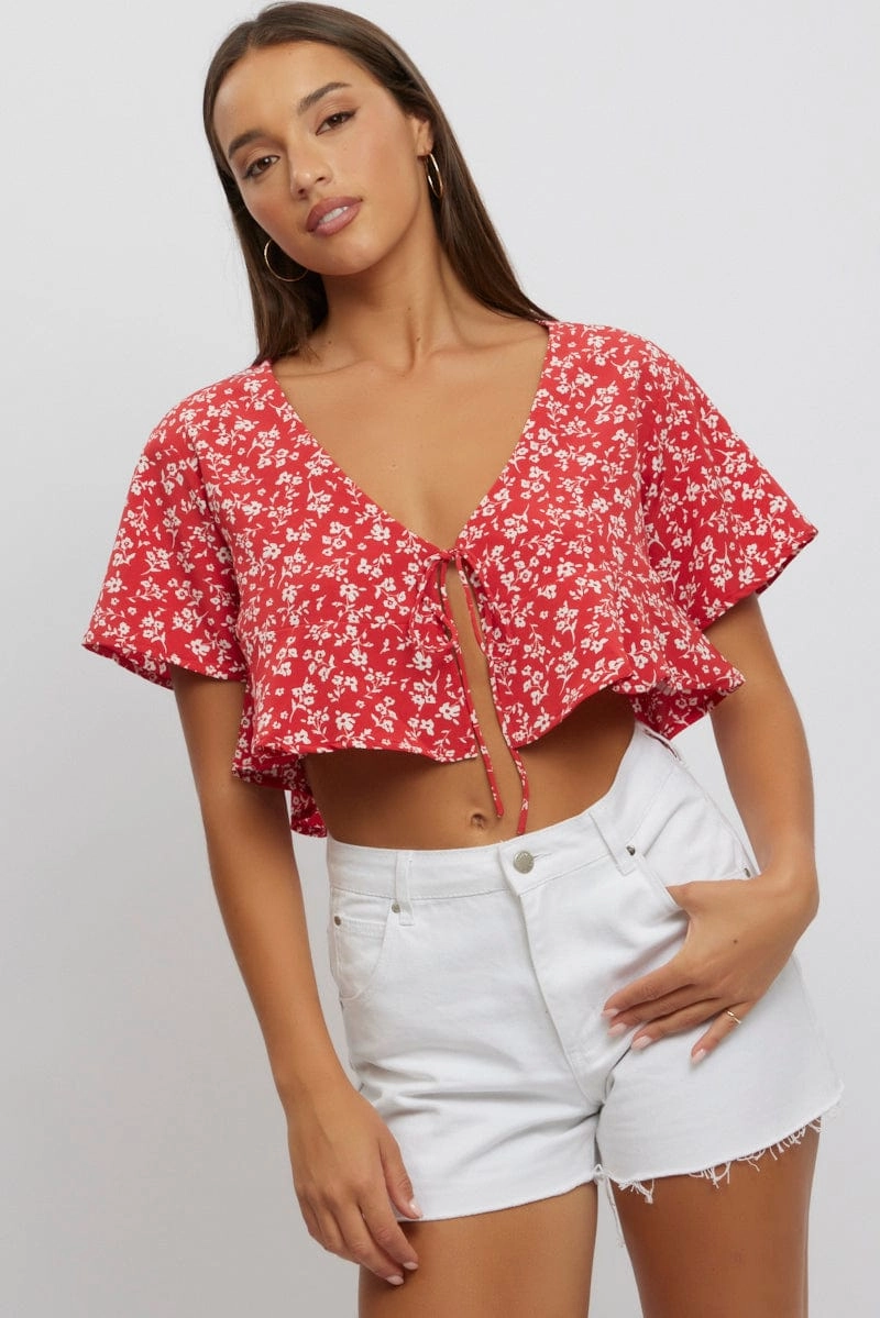 Red Ditsy Tie Up Top Short Sleeve Crop