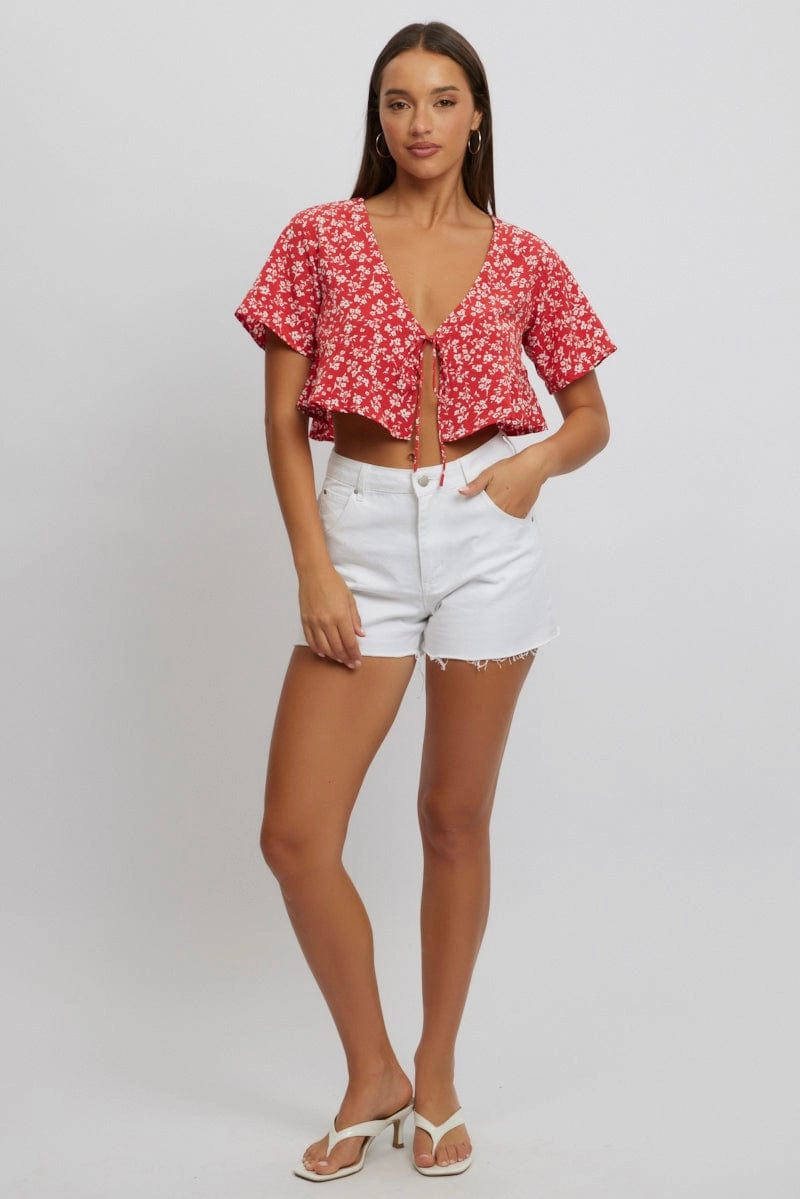 Red Ditsy Tie Up Top Short Sleeve Crop