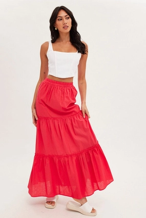 Red Maxi Skirt Tiered