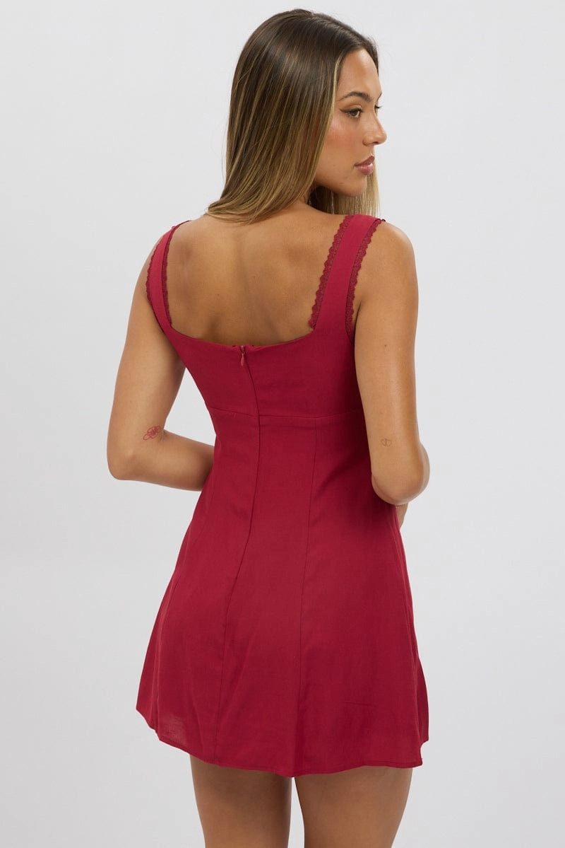 Red Mini Dress Gathered Bust