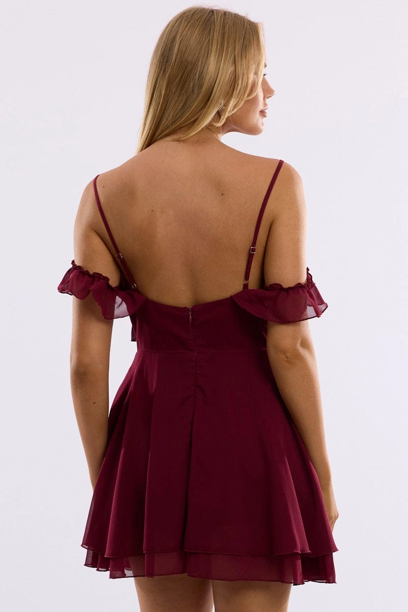 Red Mini Dress Ruffle Detail Chiffon