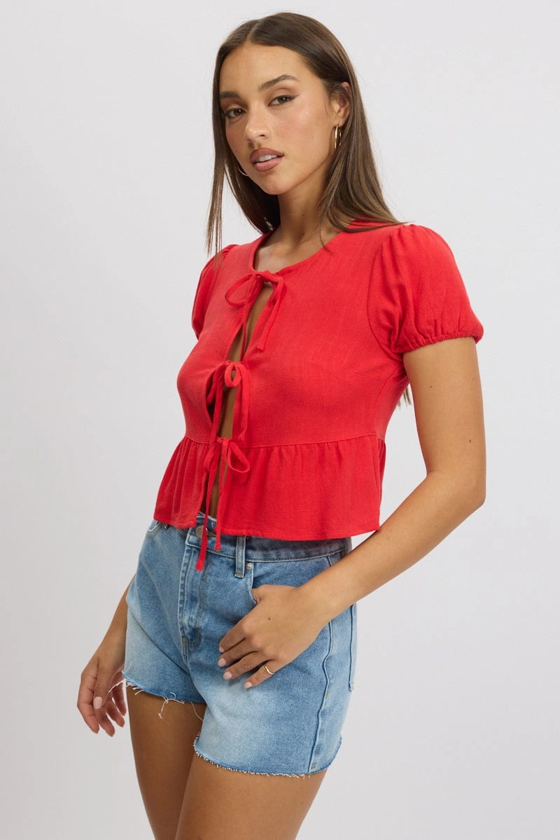 Red Tie Front Top Puff Sleeve
