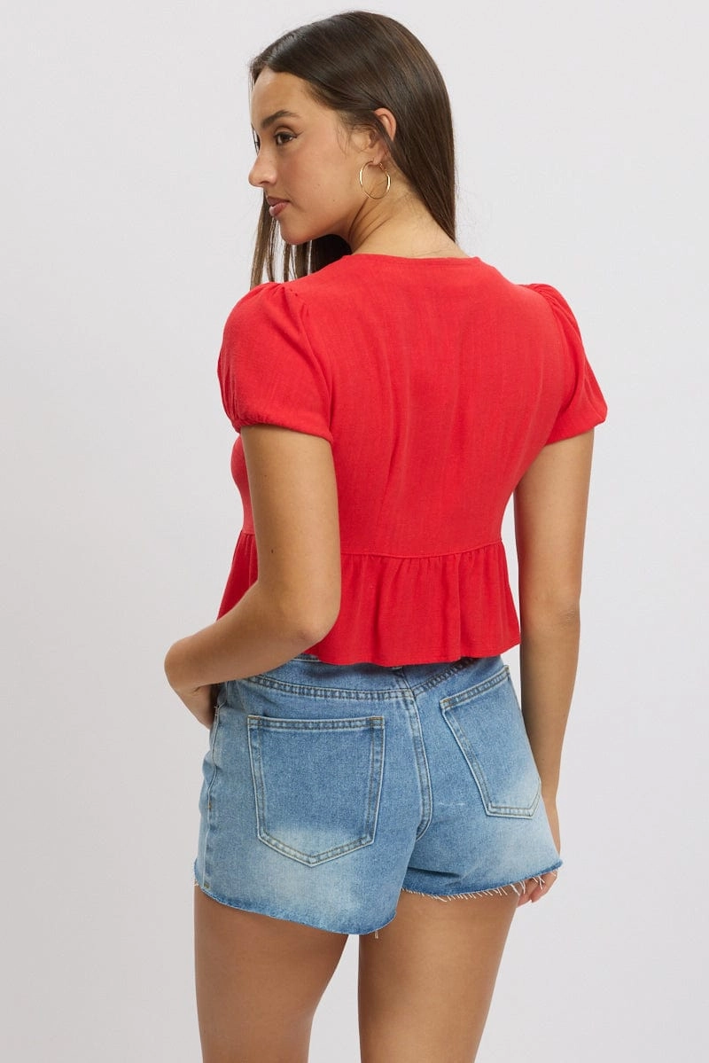 Red Tie Front Top Puff Sleeve