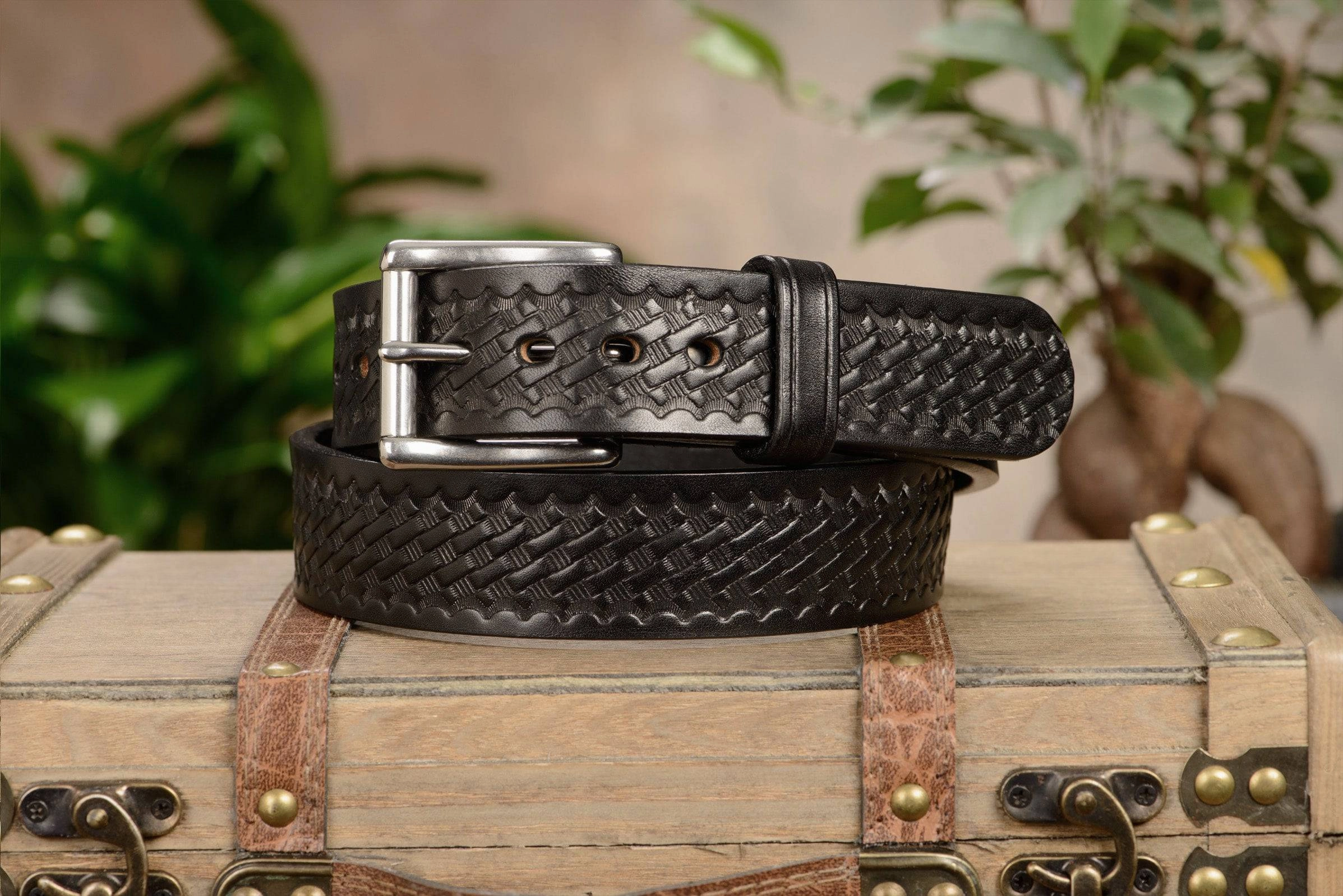 The Eastwood: Men's Black Basket Weave Leather Belt Max Thick 1.50"