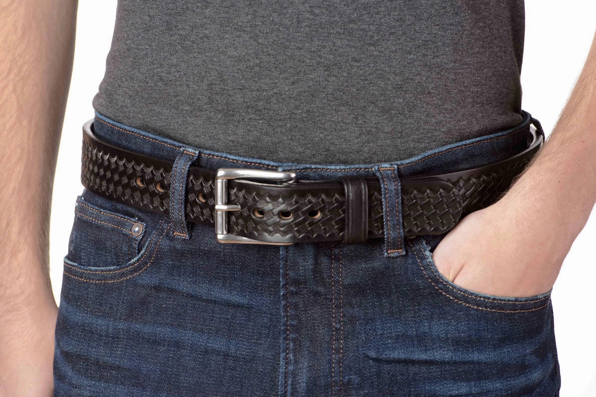 The Eastwood: Men's Black Basket Weave Leather Belt Max Thick 1.50"