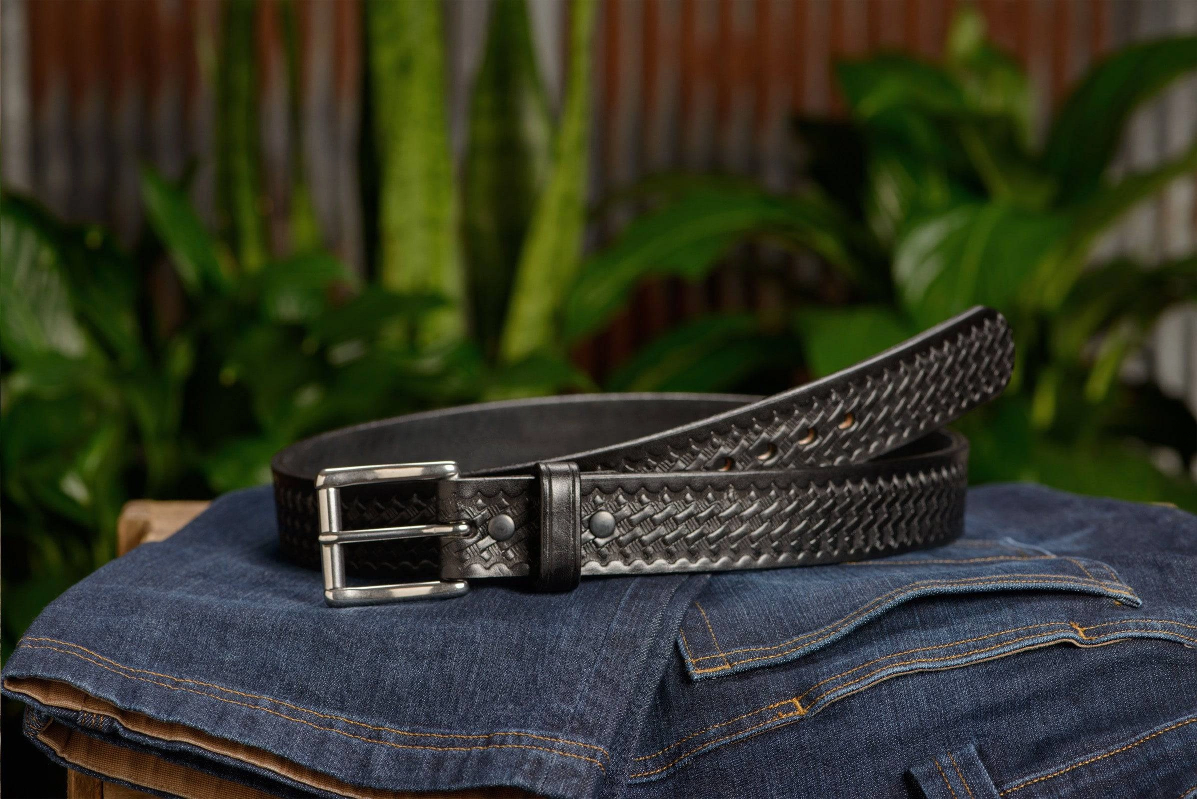 The Eastwood: Men's Black Basket Weave Leather Belt Max Thick 1.50"