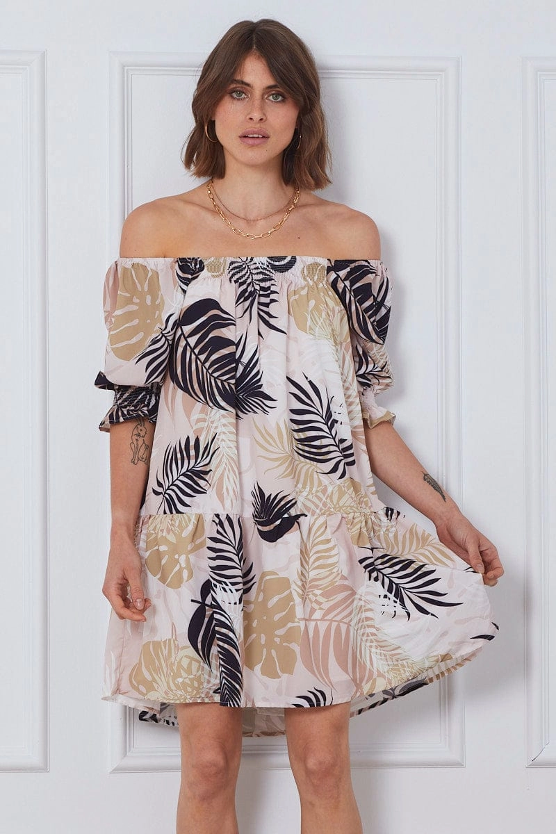 Trop Print Mini Dress Off Shoulder