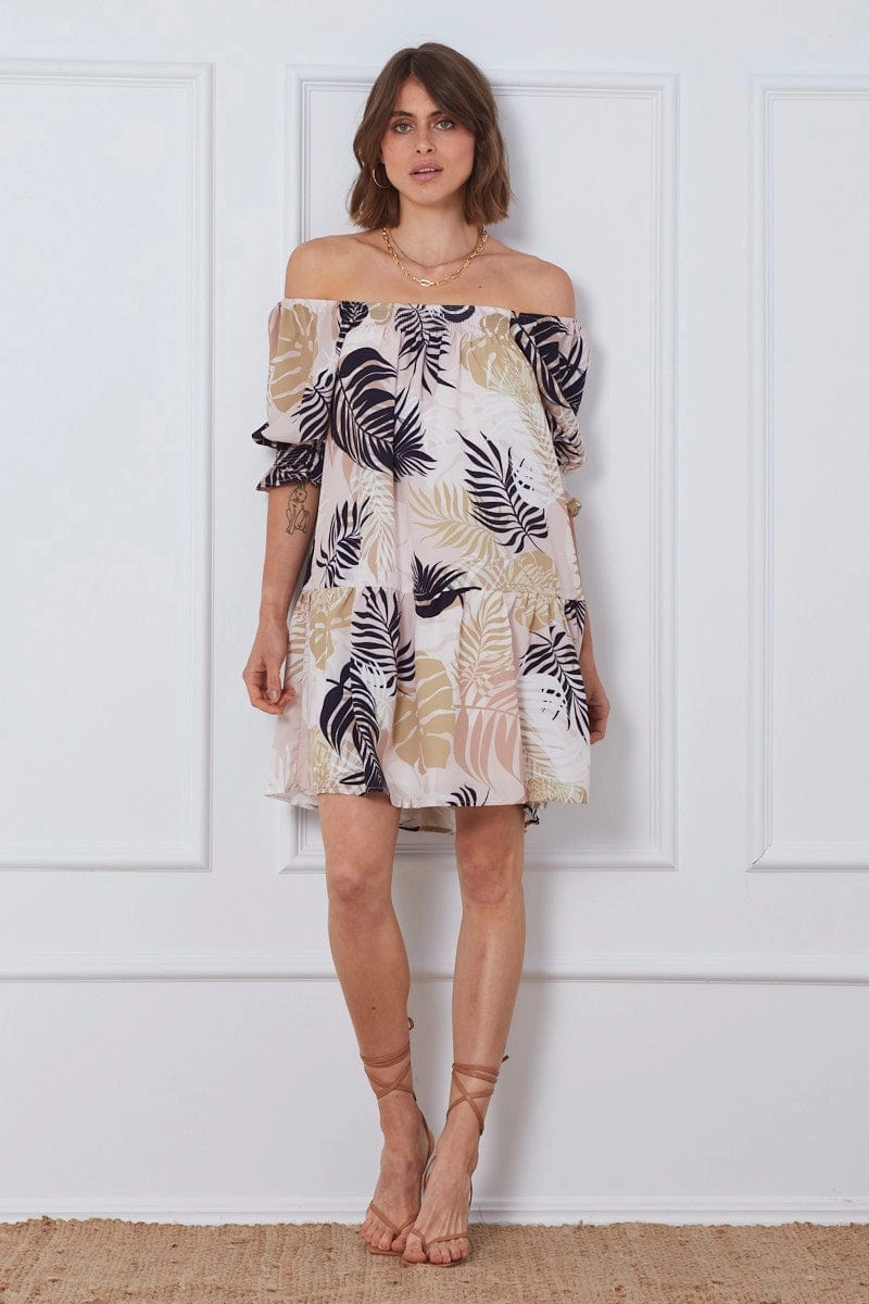 Trop Print Mini Dress Off Shoulder