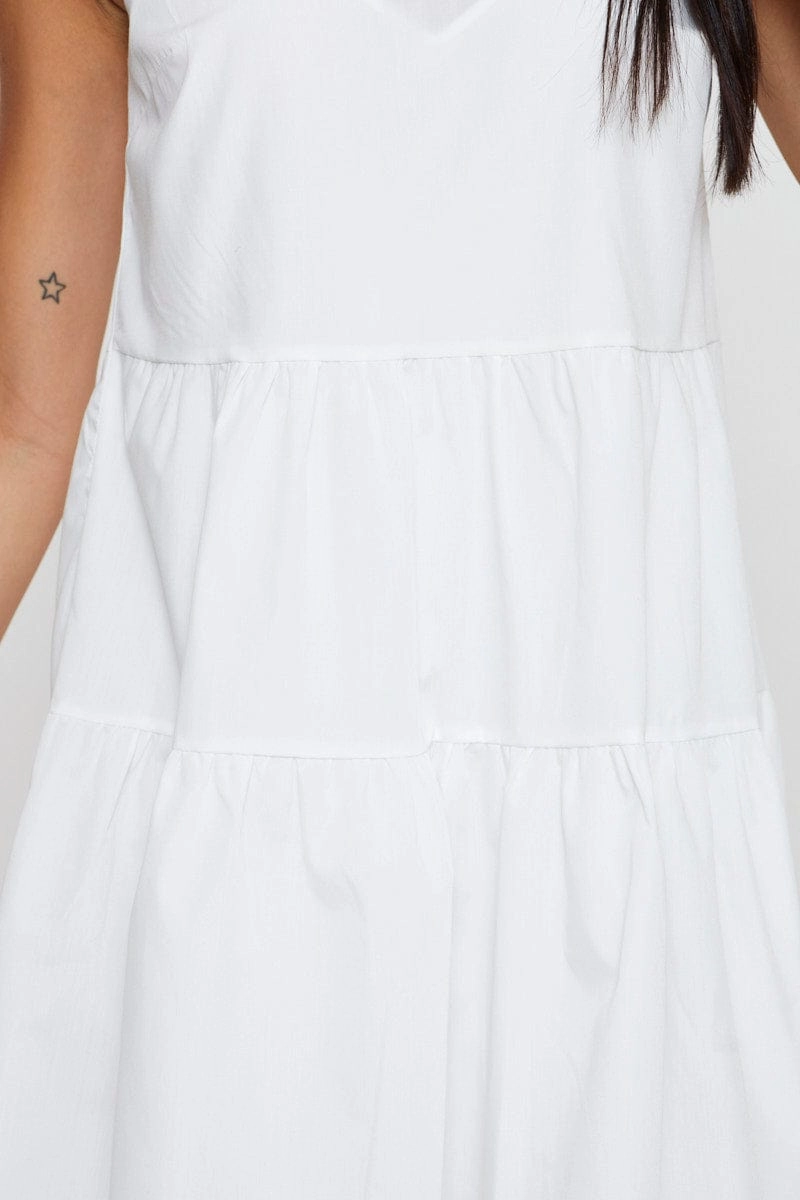 White A Line Dress Mini V Neck