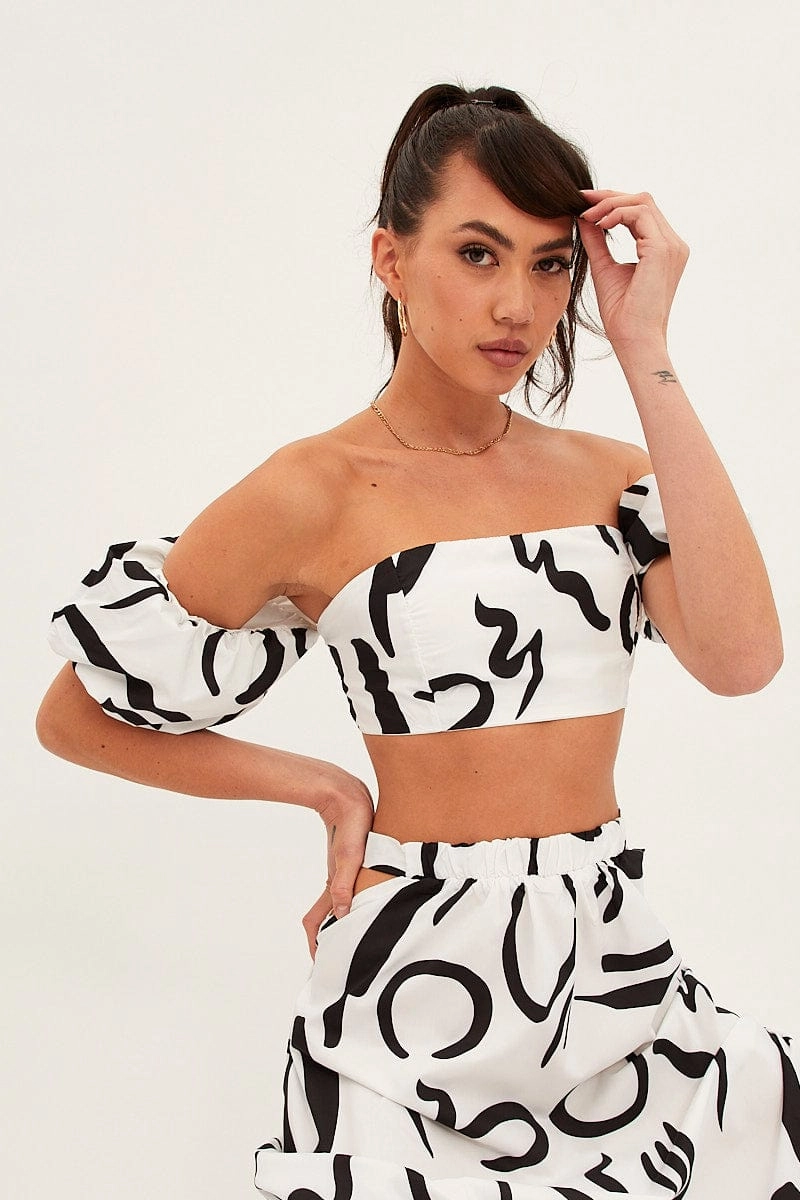 White Abstract Abstract Off Shoulder Crop Top