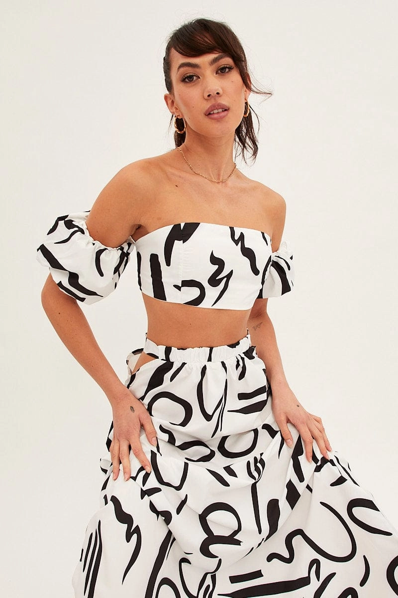 White Abstract Abstract Off Shoulder Crop Top