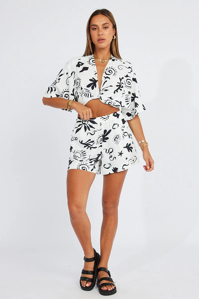 White Abstract Tie Up Bolero Short Sleeve
