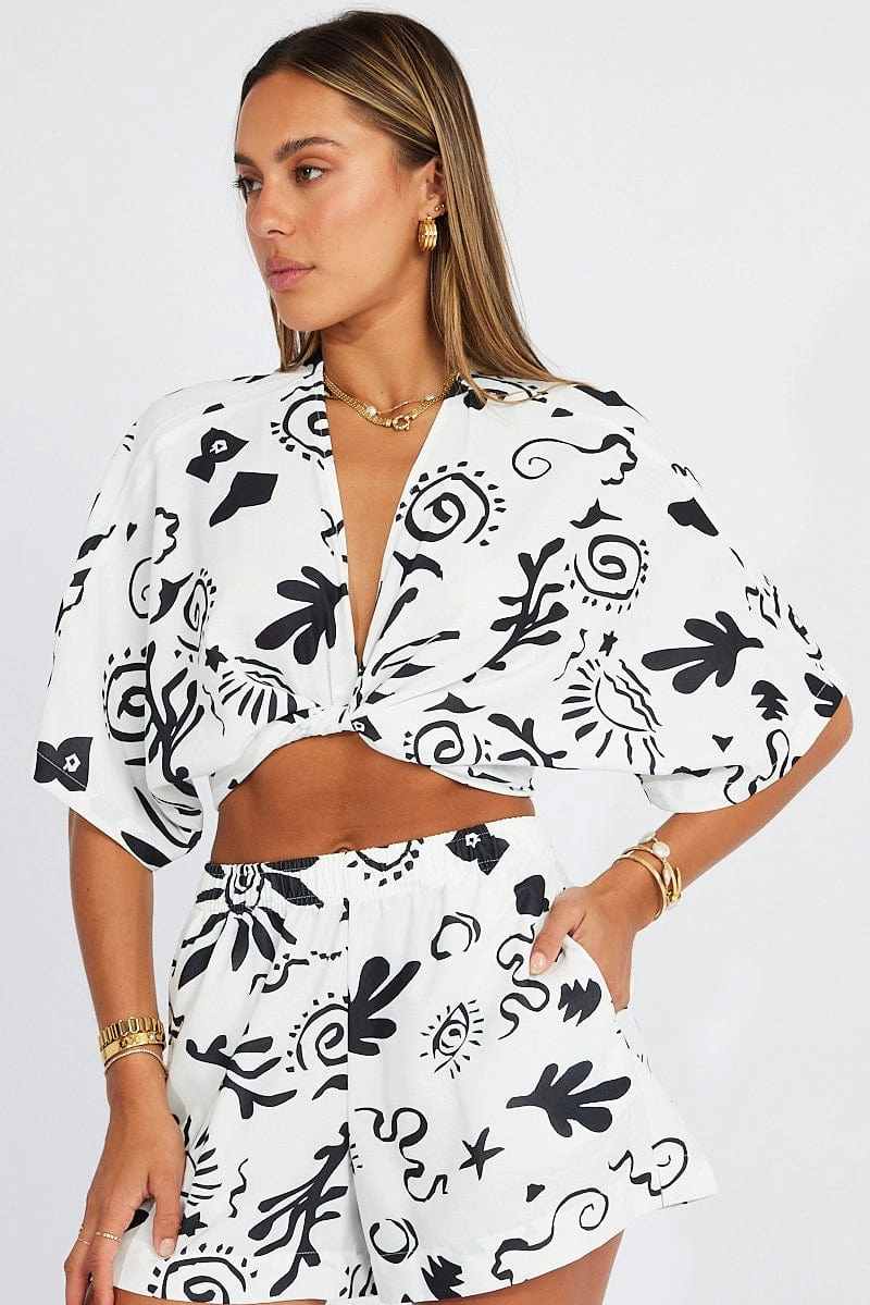 White Abstract Tie Up Bolero Short Sleeve