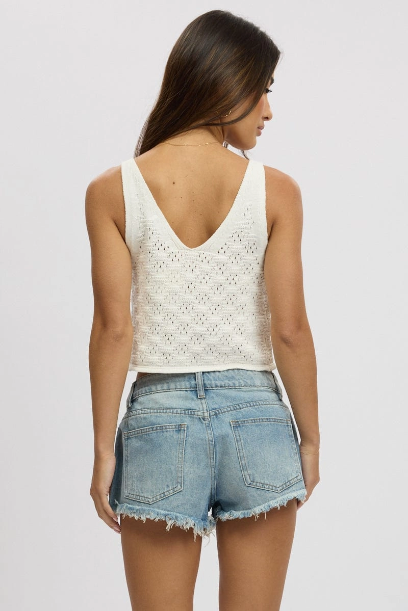 White Crochet Knit Vest Tie Up