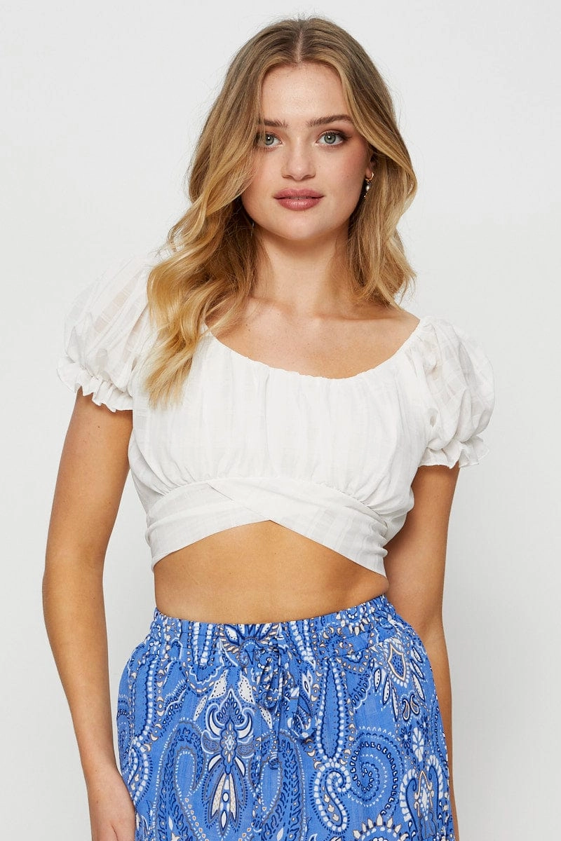 White Crop Top Short Sleeve Tie Up