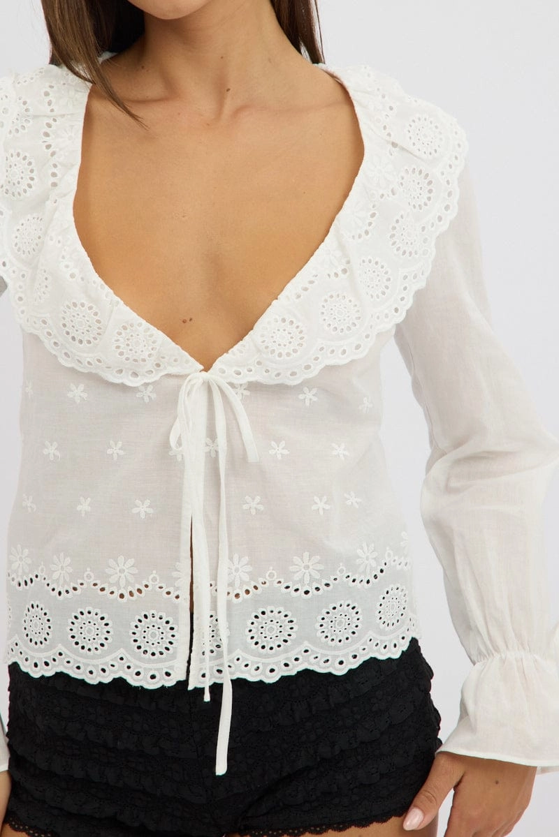 White Eyelet Top Tie Front Long Sleeve Collared