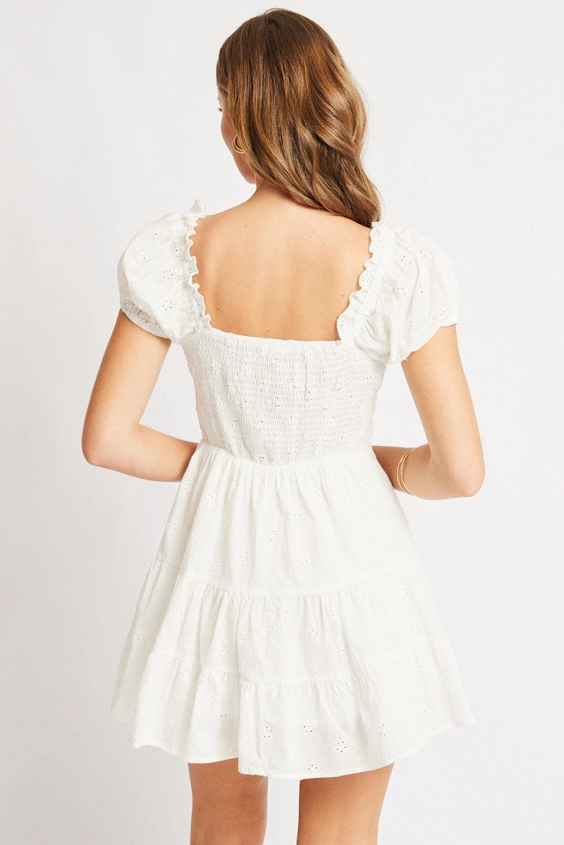 White Fit And Flare Dress Short Sleeve Eyelet Fabric