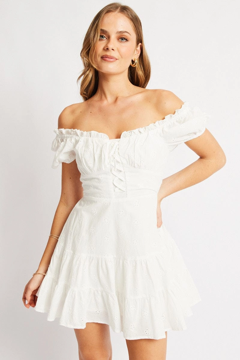 White Fit And Flare Dress Short Sleeve Eyelet Fabric
