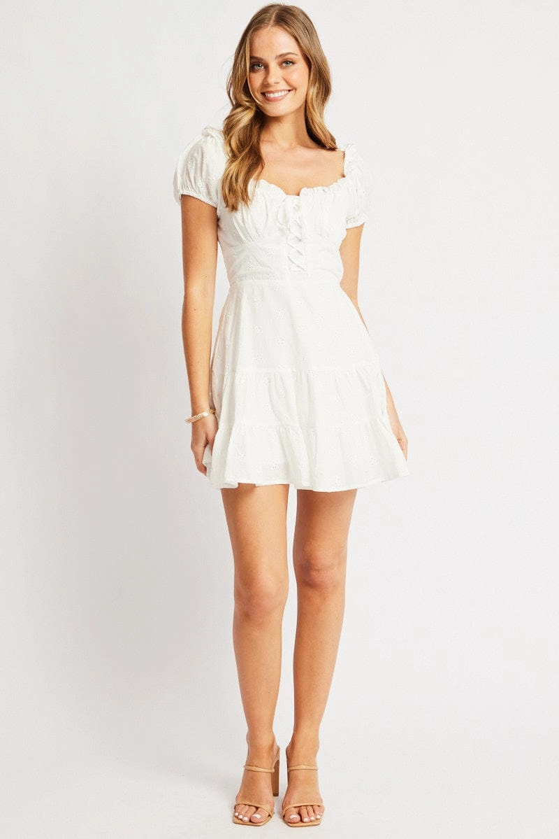 White Fit And Flare Dress Short Sleeve Eyelet Fabric