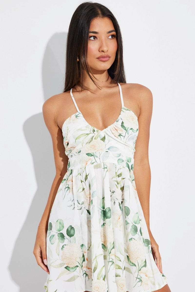 White Floral Ruched Skater Dress Strappy Gathered Swishy Dress