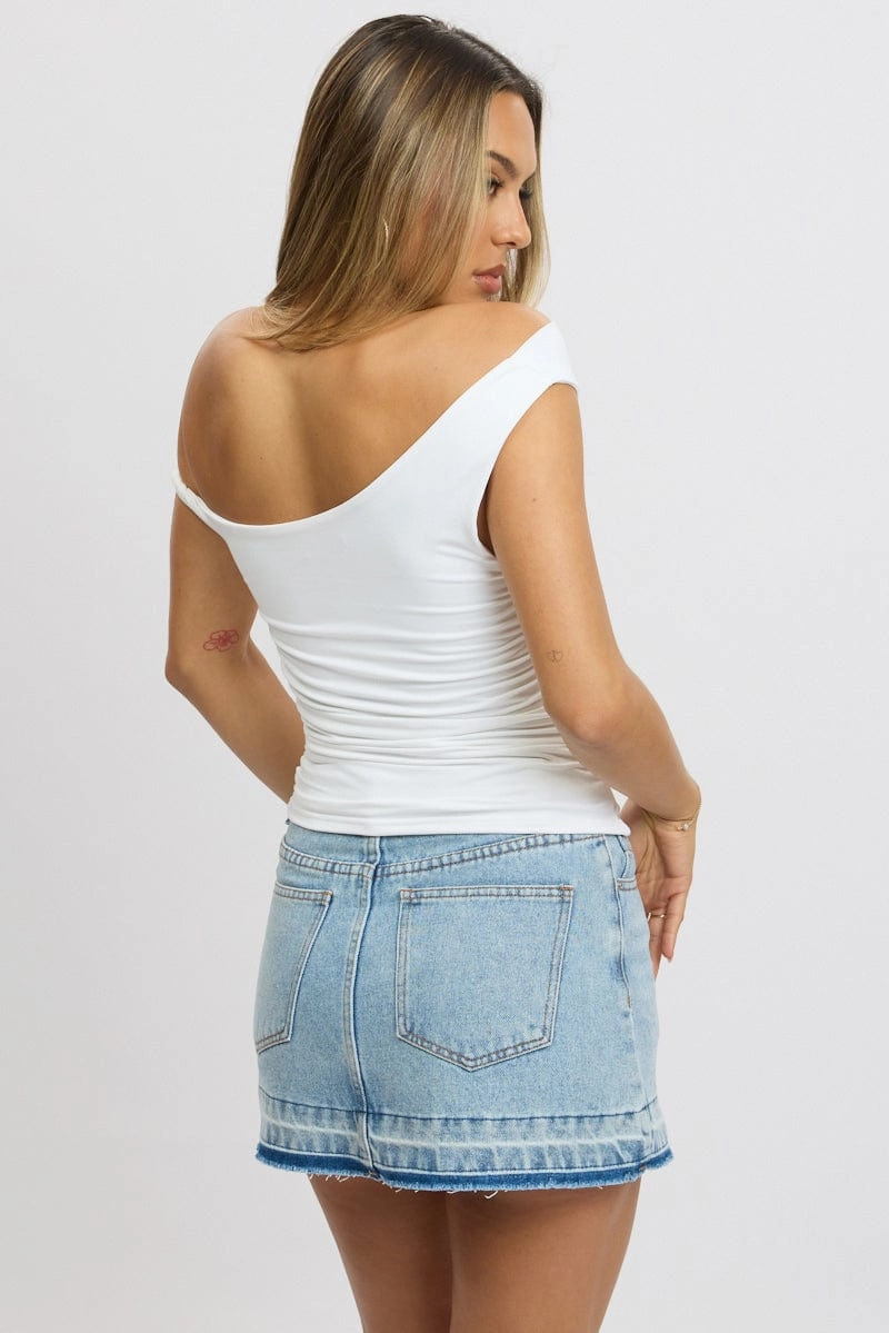 White Graphic Top Twist off Shoulder Supersoft