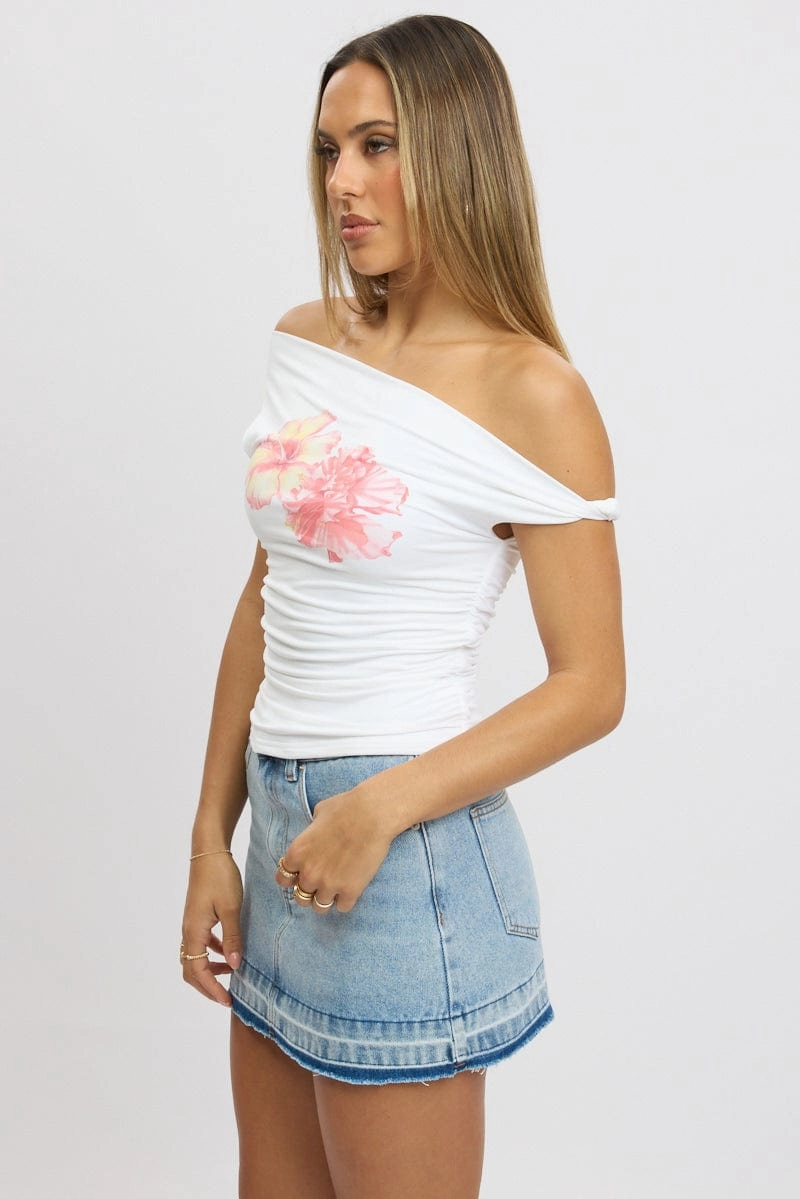 White Graphic Top Twist off Shoulder Supersoft