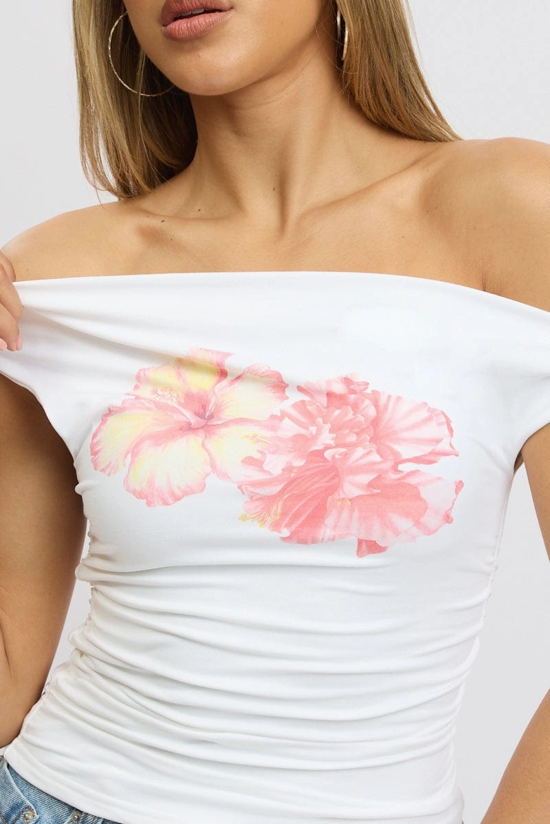 White Graphic Top Twist off Shoulder Supersoft