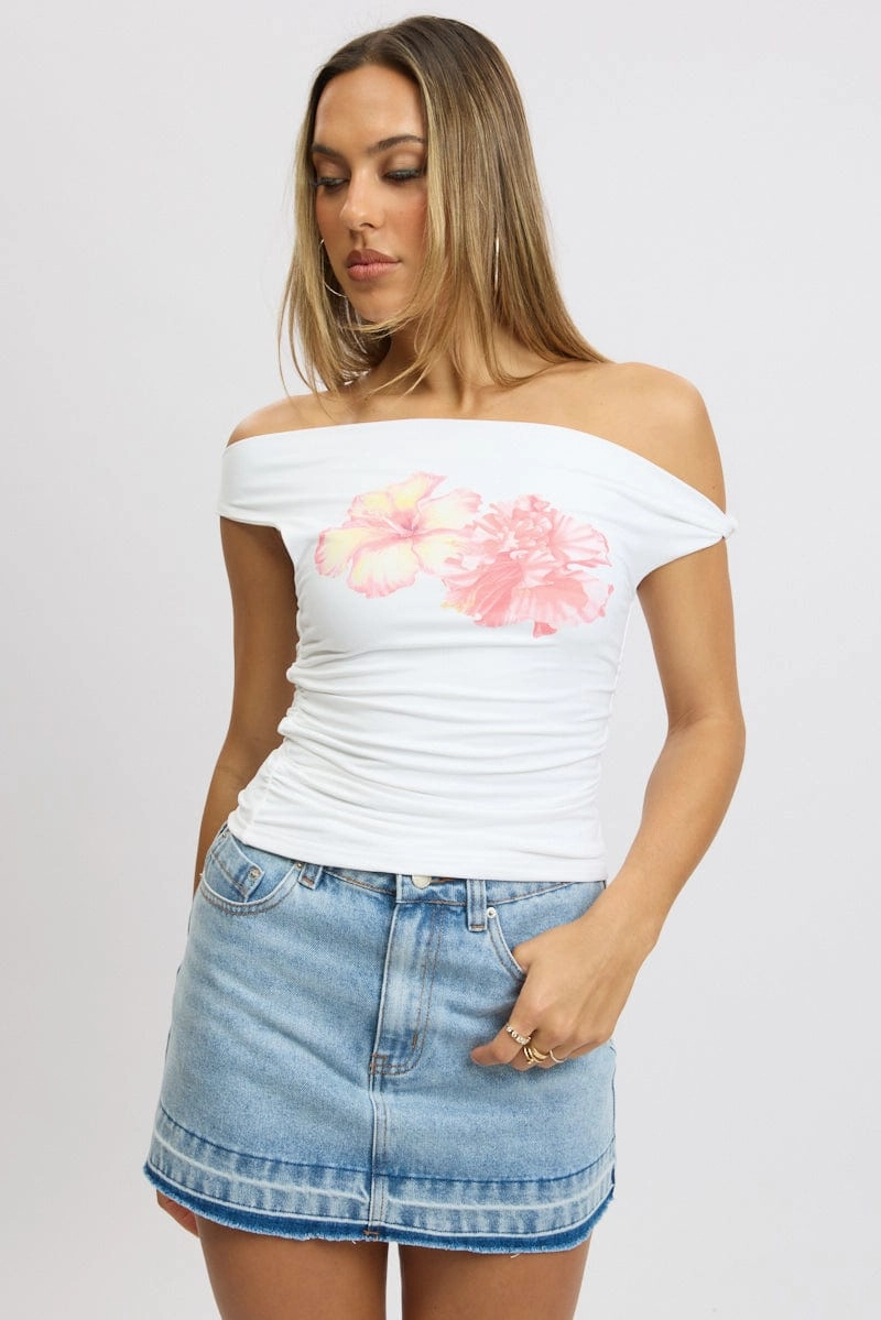 White Graphic Top Twist off Shoulder Supersoft