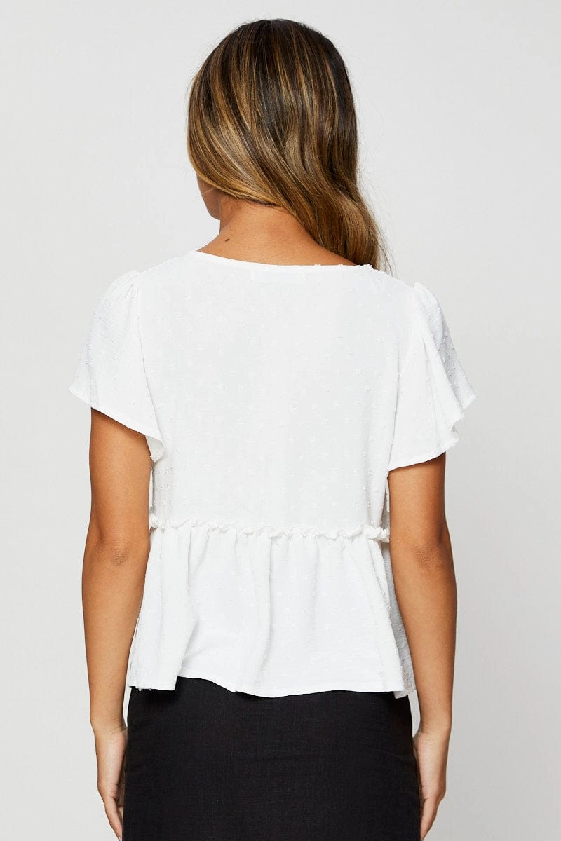 White Peplum Top Short Sleeve Button Front