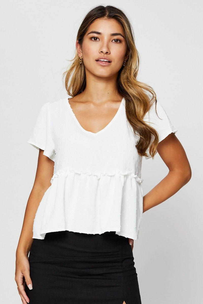 White Peplum Top Short Sleeve Button Front