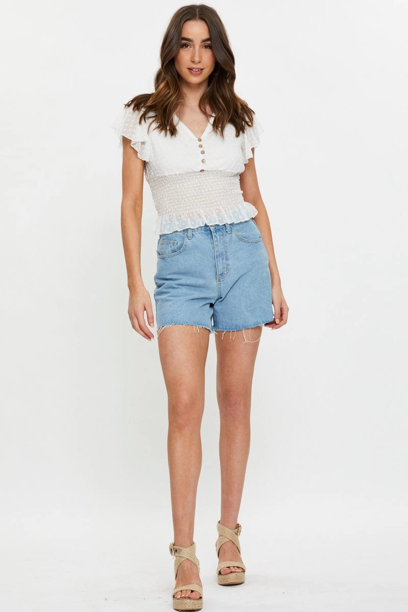 White Shirred Waist Top
