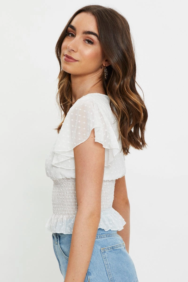 White Shirred Waist Top