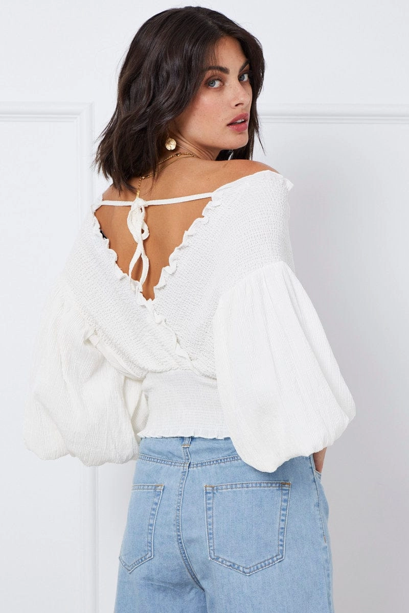 White Wrap Top Three-Quarter Off Shoulder Sweetheart