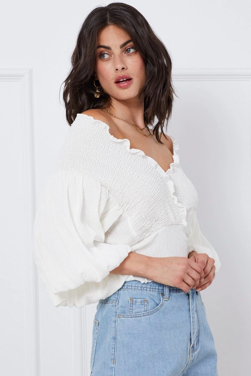 White Wrap Top Three-Quarter Off Shoulder Sweetheart
