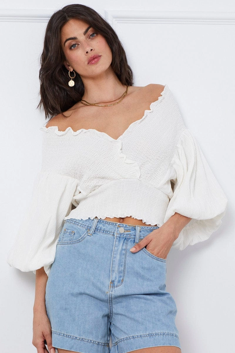 White Wrap Top Three-Quarter Off Shoulder Sweetheart