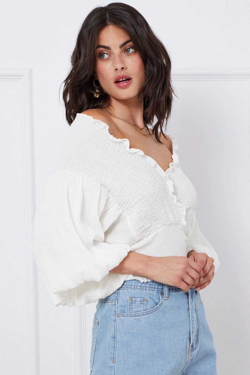 White Wrap Top Three-Quarter Off Shoulder Sweetheart